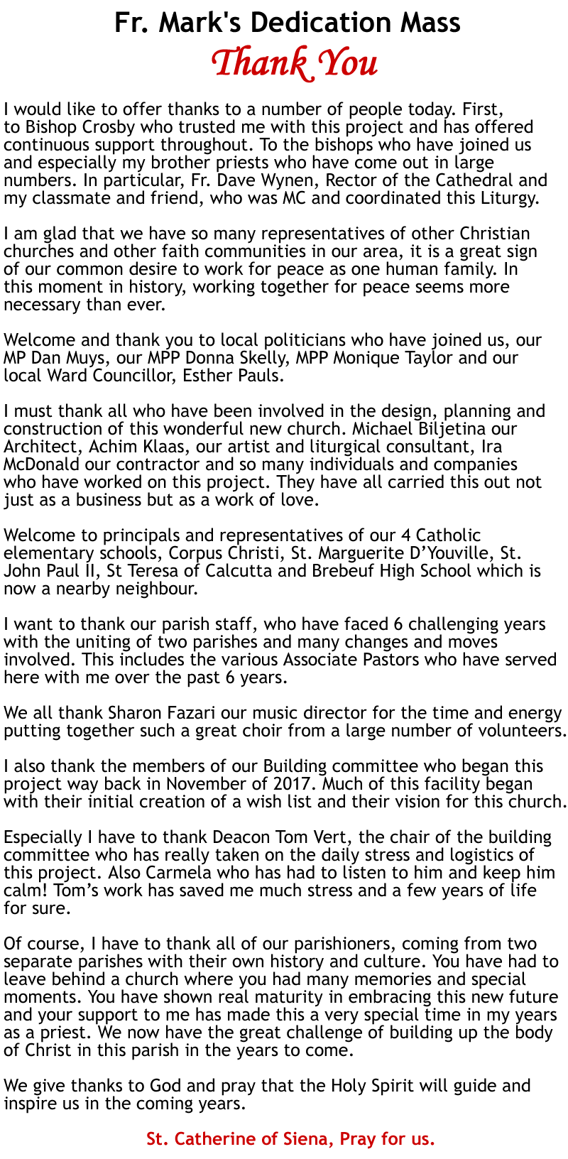 Fr. Mark's Dedication Mass Thank You